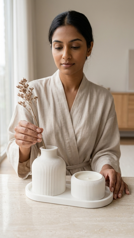 Ribbed Vase & Candle Holder Set – Minimalist Home Decor Tray