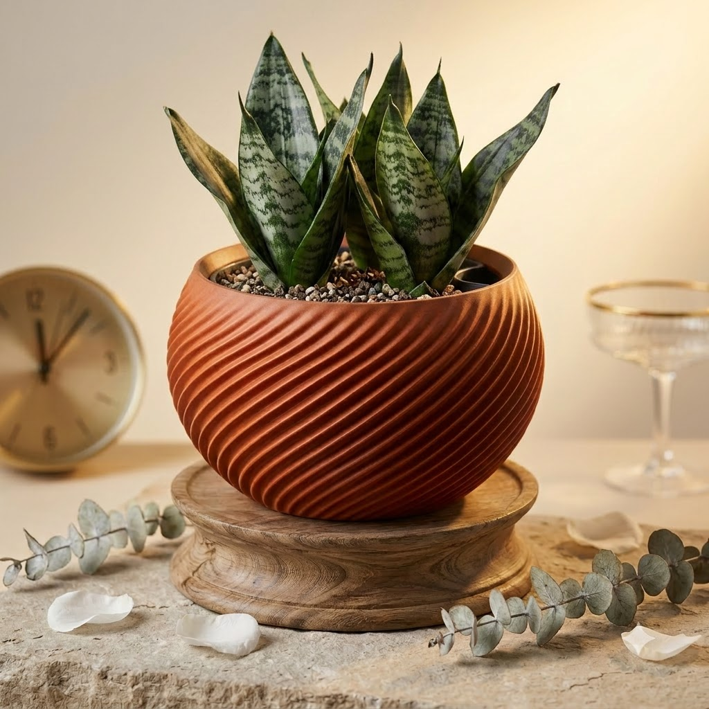 3D Printed Self-Watering Indoor Planter with Water Reservoir – Spiral Pot