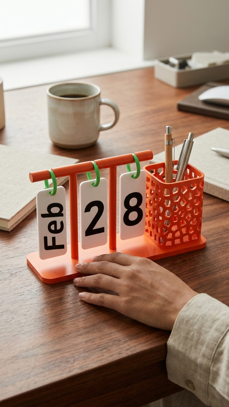3D Printed Desk Calendar & Pen Organizer – Reusable Desktop Date Display