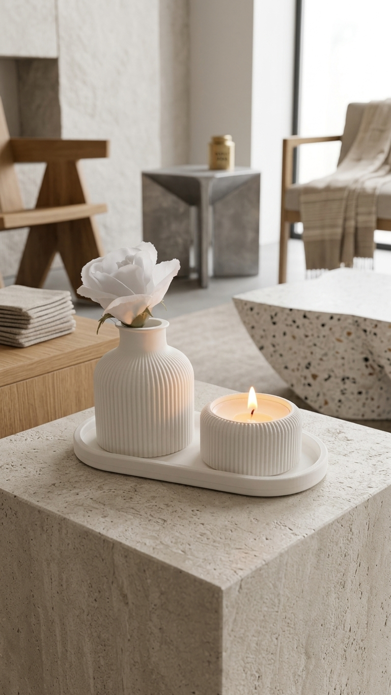Ribbed Vase & Candle Holder Set – Minimalist Home Decor Tray