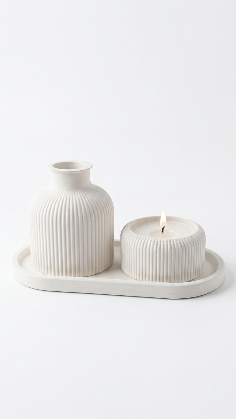 Ribbed Vase & Candle Holder Set – Minimalist Home Decor Tray