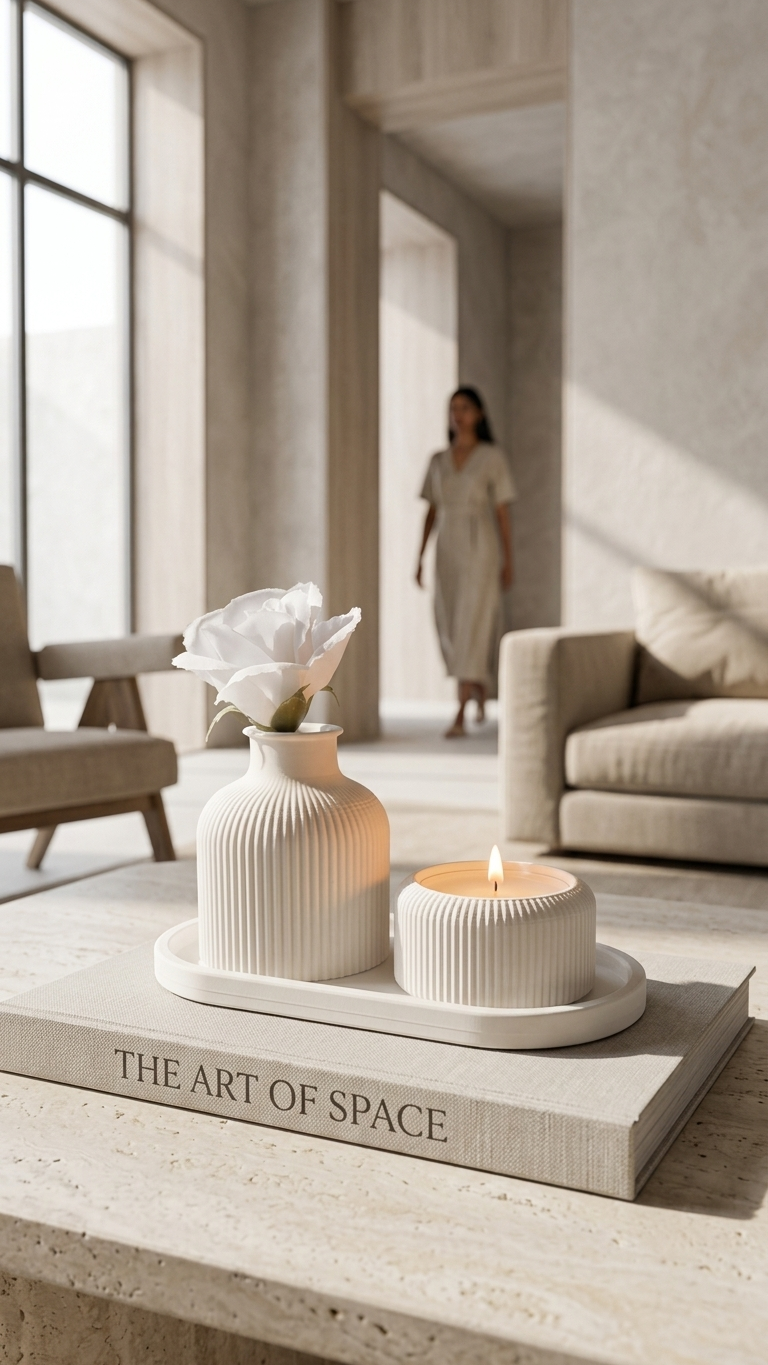 Ribbed Vase & Candle Holder Set – Minimalist Home Decor Tray